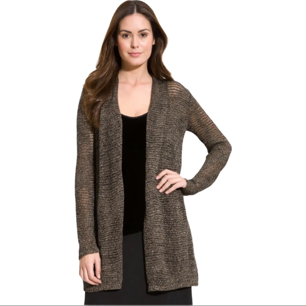 Eileen Fisher Bronze Sheer Metallic Open Knit Open Front Long Line Cardigan M